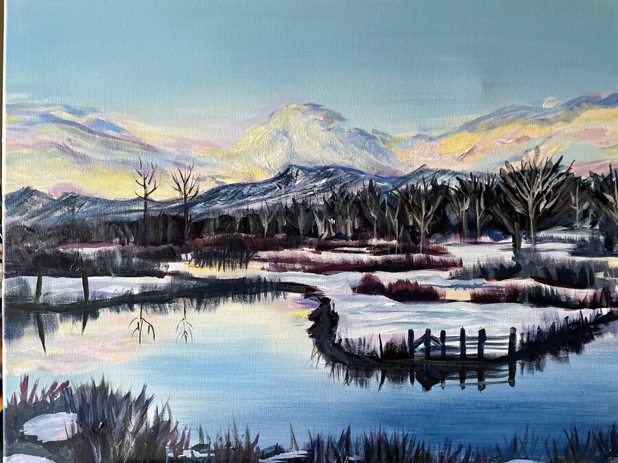 Natalie Paul painting of a still pond, snow, bare trees and pastel mountain peaks in the Heber Valley